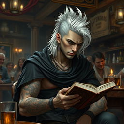 A 30-year-old Shadar-kai man with a stylish white mullet hairstyle, featuring dark eyes and pale skin, sits in a bustling tavern