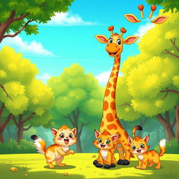 A colorful cartoon scene featuring a tall and friendly giraffe with cheerful eyes, a playful cat sitting beside it, and two adorable kittens frolicking around