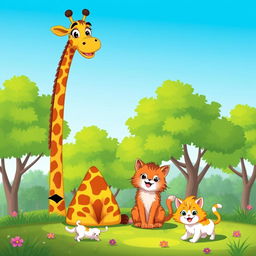 A colorful cartoon scene featuring a tall and friendly giraffe with cheerful eyes, a playful cat sitting beside it, and two adorable kittens frolicking around