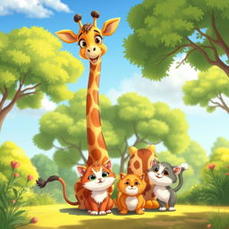 A colorful cartoon scene featuring a tall and friendly giraffe with cheerful eyes, a playful cat sitting beside it, and two adorable kittens frolicking around