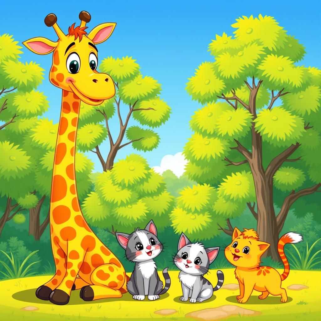 A colorful cartoon scene featuring a tall and friendly giraffe with cheerful eyes, a playful cat sitting beside it, and two adorable kittens frolicking around