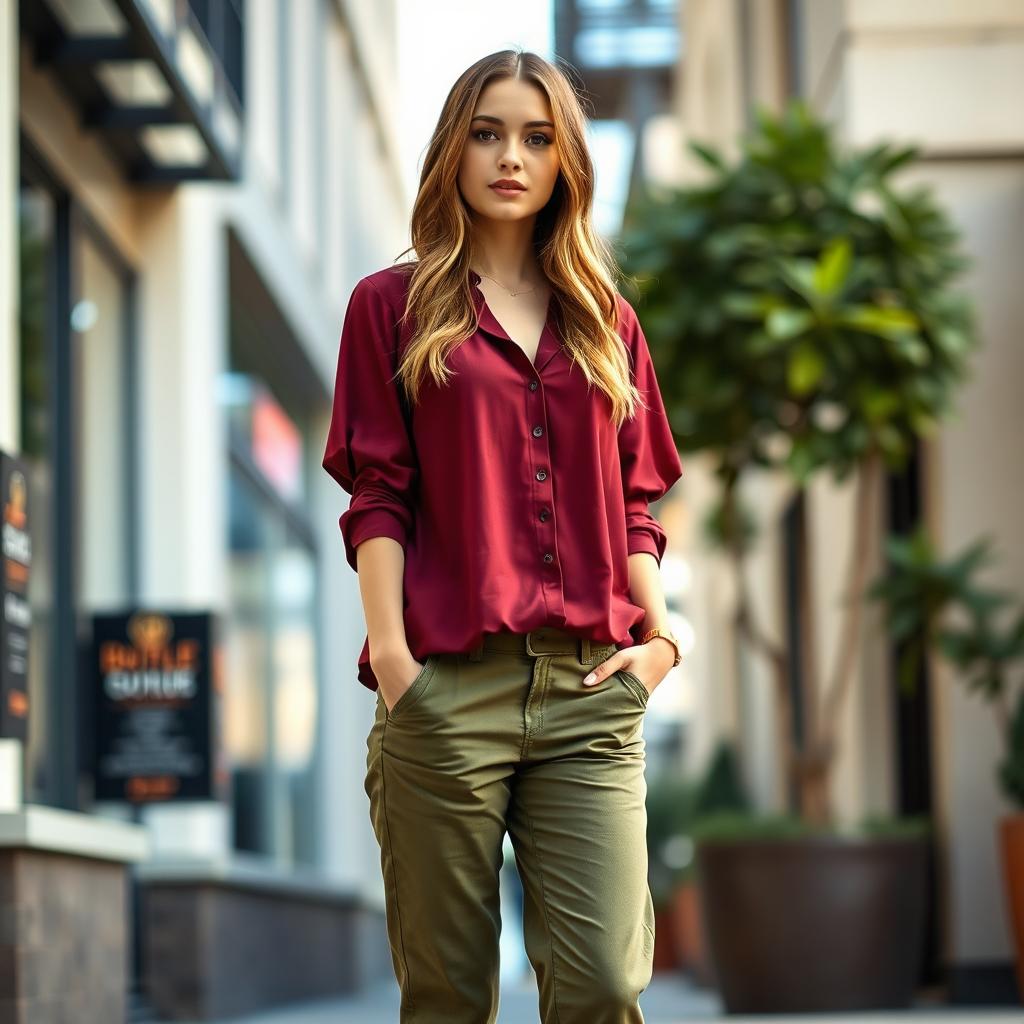 A young woman wearing a deep maroon blouse paired with olive green pants and a tuscan top, standing confidently in a stylish urban environment