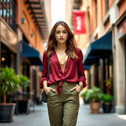 A young woman wearing a deep maroon blouse paired with olive green pants and a tuscan top, standing confidently in a stylish urban environment