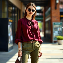 A young woman wearing a deep maroon blouse paired with olive green pants and a tuscan top, standing confidently in a stylish urban environment