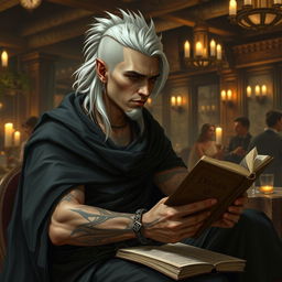 A 30-year-old Shadar-kai man with distinctive white mullet hairstyle, dark eyes, and pale skin sits in a lively tavern