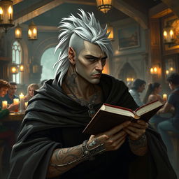 A 30-year-old Shadar-kai man with distinctive white mullet hairstyle, dark eyes, and pale skin sits in a lively tavern