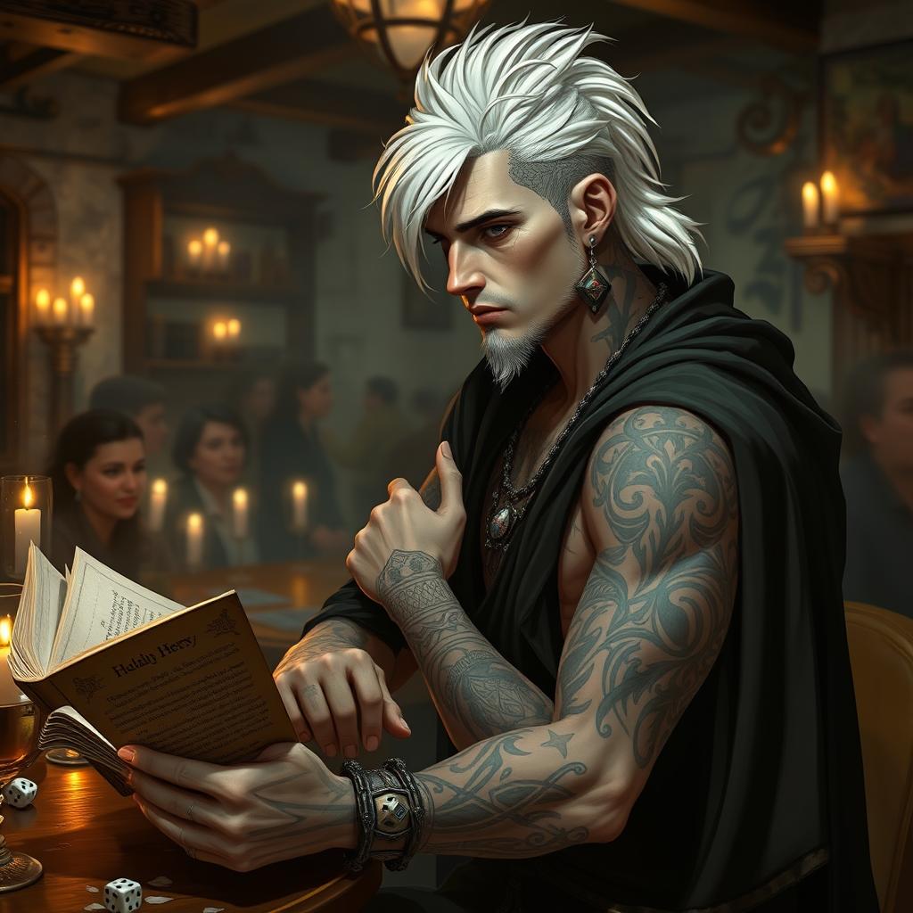 A 30-year-old Shadar-kai man with distinctive white mullet hairstyle, dark eyes, and pale skin sits in a lively tavern