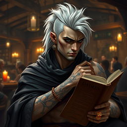 A 30-year-old Shadar-kai man with distinctive white mullet hairstyle, dark eyes, and pale skin sits in a lively tavern