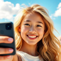 A portrait of an Asian girl with vibrant blonde hair, smiling and taking a selfie