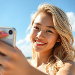 A portrait of an Asian girl with vibrant blonde hair, smiling and taking a selfie