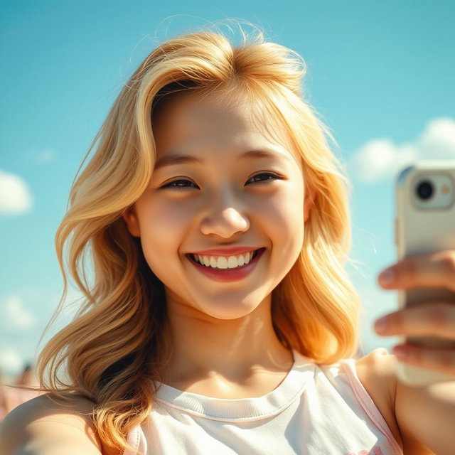 A portrait of an Asian girl with vibrant blonde hair, smiling and taking a selfie