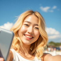 A portrait of an Asian girl with vibrant blonde hair, smiling and taking a selfie
