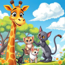 A vibrant cartoon scene featuring a tall, cheerful giraffe, a playful gray cat, and two adorable kittens