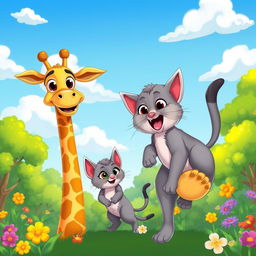 A vibrant cartoon scene featuring a tall, cheerful giraffe, a playful gray cat, and two adorable kittens