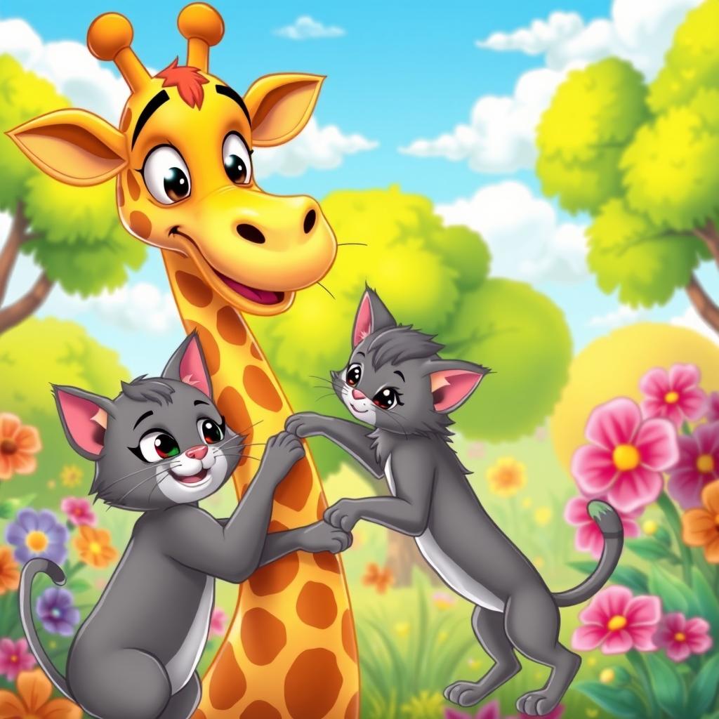 A vibrant cartoon scene featuring a tall, cheerful giraffe, a playful gray cat, and two adorable kittens