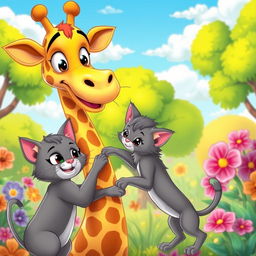 A vibrant cartoon scene featuring a tall, cheerful giraffe, a playful gray cat, and two adorable kittens