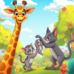 A vibrant cartoon scene featuring a tall, cheerful giraffe, a playful gray cat, and two adorable kittens