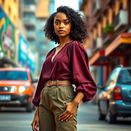 A fashionable brown-skinned girl dressed in a deep maroon blouse, olive green pants, and a tuscan top