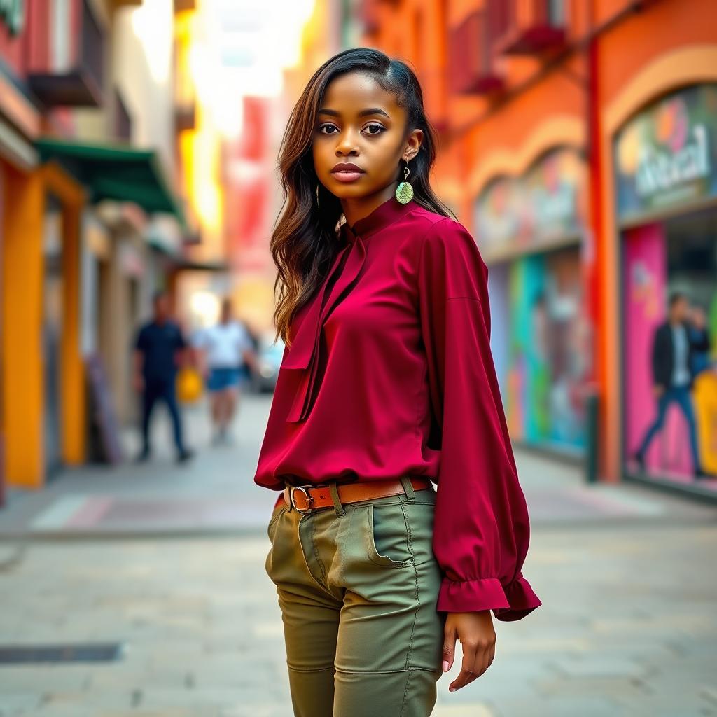A fashionable brown-skinned girl dressed in a deep maroon blouse, olive green pants, and a tuscan top