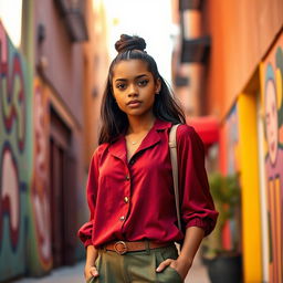 A fashionable brown-skinned girl dressed in a deep maroon blouse, olive green pants, and a tuscan top