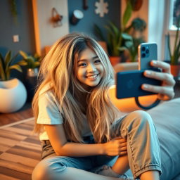A young Asian girl with long, flowing blonde hair, wearing a trendy casual outfit, takes a selfie while sitting comfortably on a stylish floor