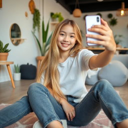 A young Asian girl with long, flowing blonde hair, wearing a trendy casual outfit, takes a selfie while sitting comfortably on a stylish floor