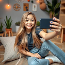 A young Asian girl with long, flowing blonde hair, wearing a trendy casual outfit, takes a selfie while sitting comfortably on a stylish floor