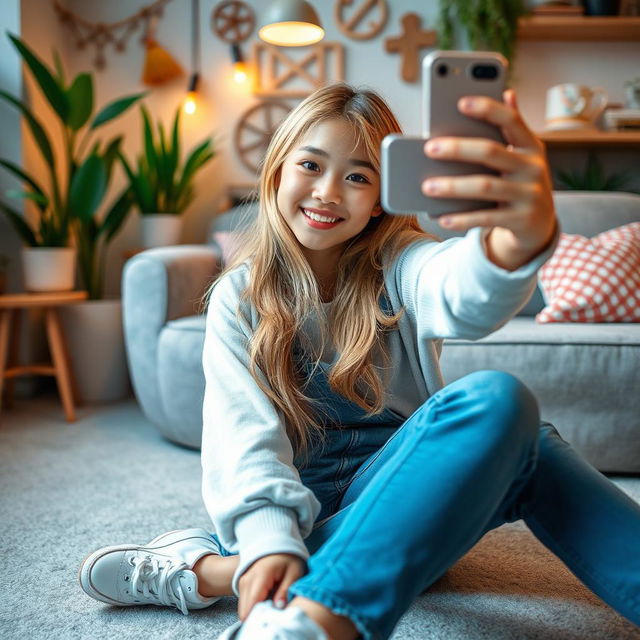 A young Asian girl with long, flowing blonde hair, wearing a trendy casual outfit, takes a selfie while sitting comfortably on a stylish floor