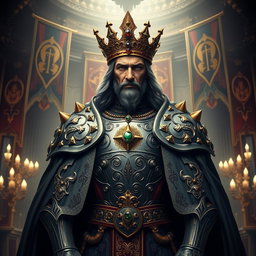 A regal character embodying the essence of the King of the Seven Deadly Sins, adorned in luxurious medieval armor with intricate details signifying each sin