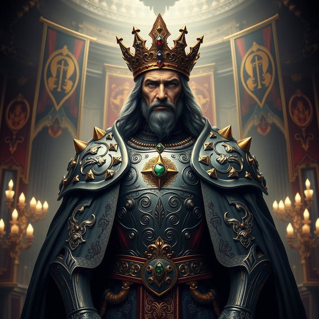 A regal character embodying the essence of the King of the Seven Deadly Sins, adorned in luxurious medieval armor with intricate details signifying each sin
