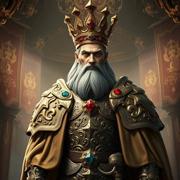 A regal character embodying the essence of the King of the Seven Deadly Sins, adorned in luxurious medieval armor with intricate details signifying each sin