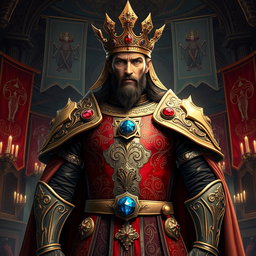 A regal character embodying the essence of the King of the Seven Deadly Sins, adorned in luxurious medieval armor with intricate details signifying each sin