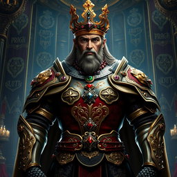 A regal character embodying the essence of the King of the Seven Deadly Sins, adorned in luxurious medieval armor with intricate details signifying each sin