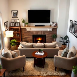 A cozy small family living room featuring a classic fireplace with a warm glow