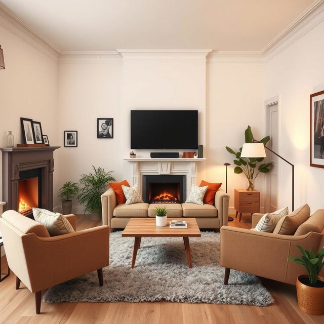 A cozy small family living room featuring a classic fireplace with a warm glow
