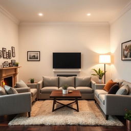 A cozy small family living room featuring a classic fireplace with a warm glow
