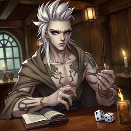 A 30-year-old male Shadar-kai character, showcasing a sleek, pale complexion and dark eyes