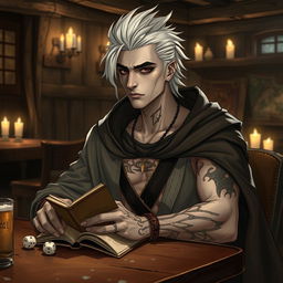 A 30-year-old male Shadar-kai character, showcasing a sleek, pale complexion and dark eyes