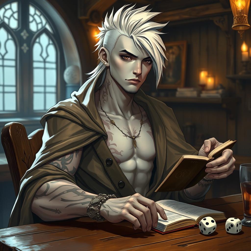 A 30-year-old male Shadar-kai character, showcasing a sleek, pale complexion and dark eyes