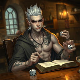 A 30-year-old male Shadar-kai character, showcasing a sleek, pale complexion and dark eyes