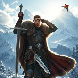 A heroic male fantasy adventurer standing triumphantly in a breathtaking snowy mountain landscape