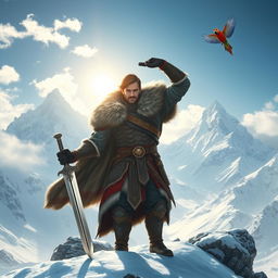 A heroic male fantasy adventurer standing triumphantly in a breathtaking snowy mountain landscape
