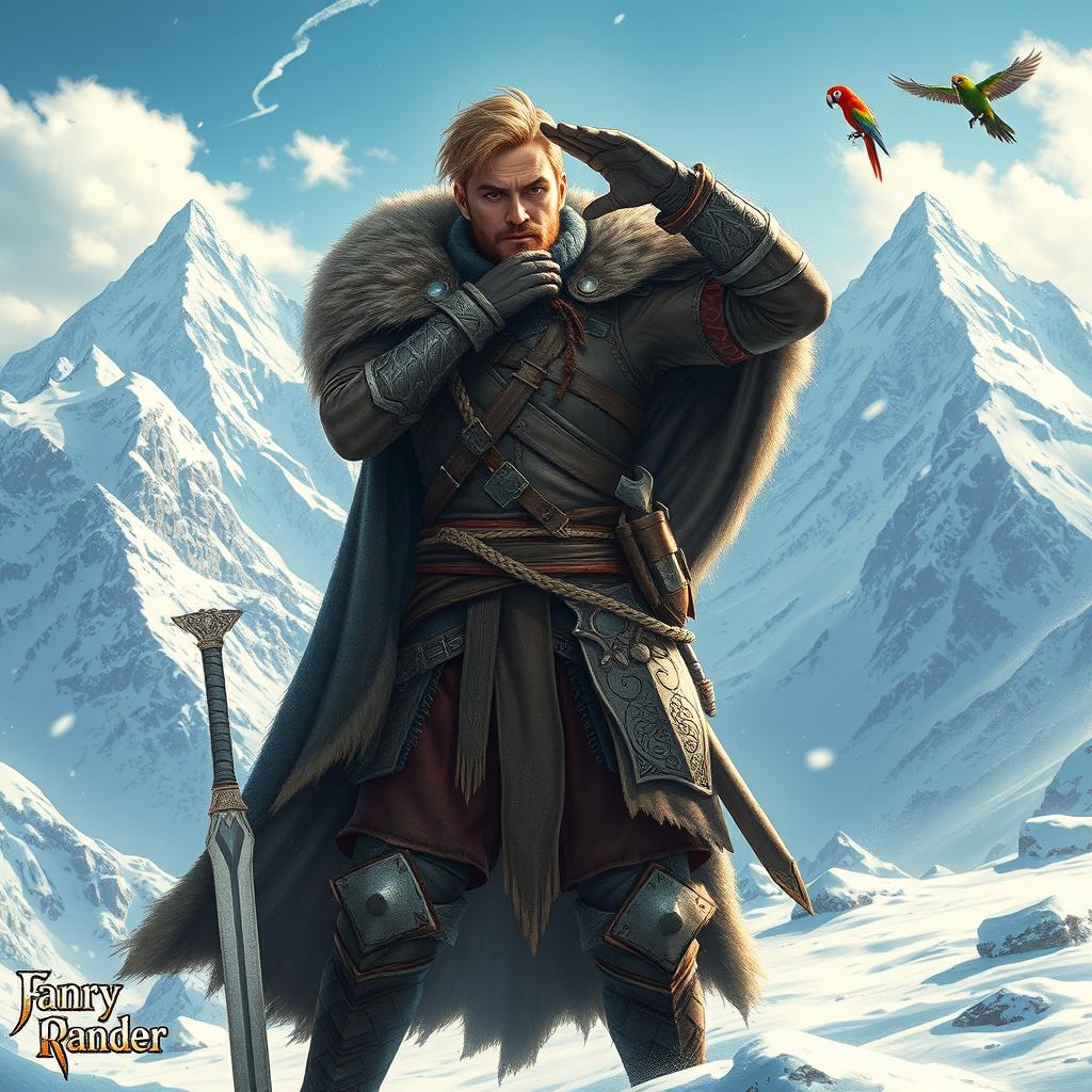 A heroic male fantasy adventurer standing triumphantly in a breathtaking snowy mountain landscape