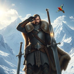 A heroic male fantasy adventurer standing triumphantly in a breathtaking snowy mountain landscape