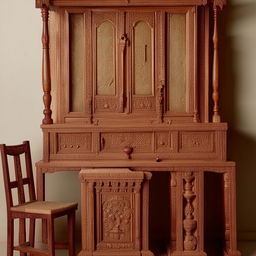 A traditional Pooja desk with intricate carvings, set alongside a matching wooden table and chair