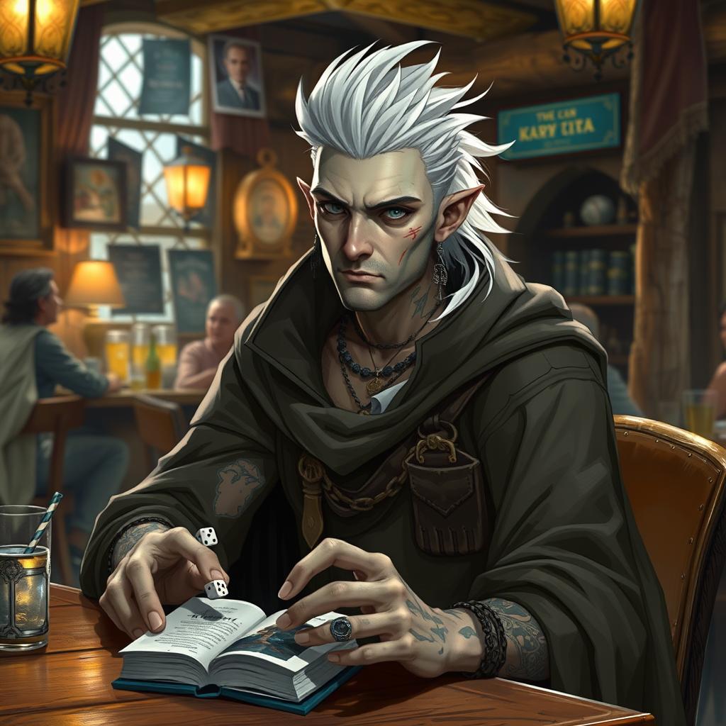 A 30-year-old male Shadar-kai character, featuring a pale complexion and dark eyes