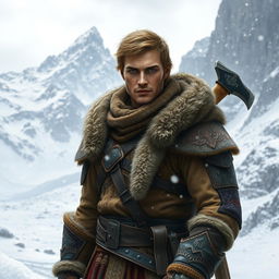 A male fantasy adventurer dressed in warm, detailed winter clothing, showcasing layers of furs and leather with intricate patterns and embellishments, standing amidst a majestic snowy mountain range