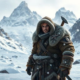A male fantasy adventurer dressed in warm, detailed winter clothing, showcasing layers of furs and leather with intricate patterns and embellishments, standing amidst a majestic snowy mountain range