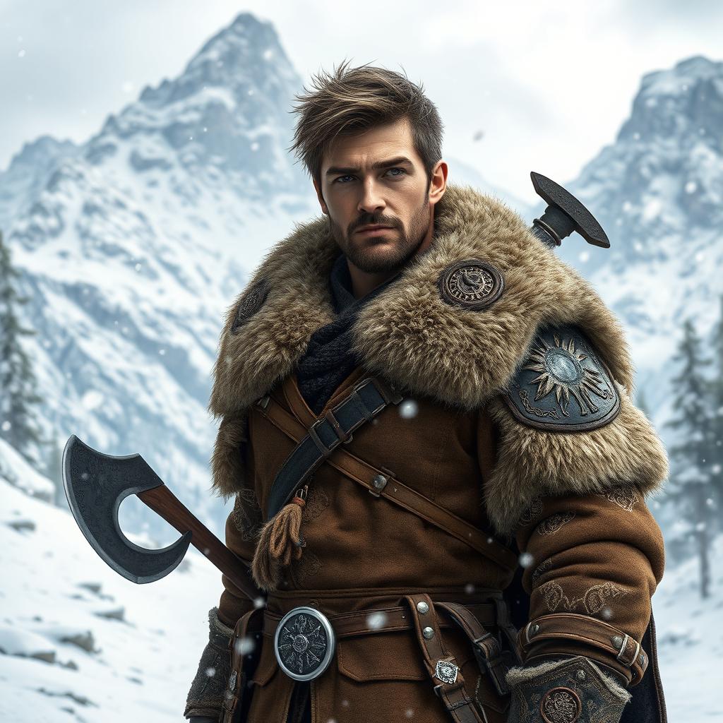 A male fantasy adventurer dressed in warm, detailed winter clothing, showcasing layers of furs and leather with intricate patterns and embellishments, standing amidst a majestic snowy mountain range