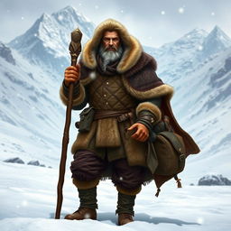 A rugged male fantasy adventurer dressed in luxurious winter clothing, featuring layered furs and thick woolen garments, intricately designed for warmth and style
